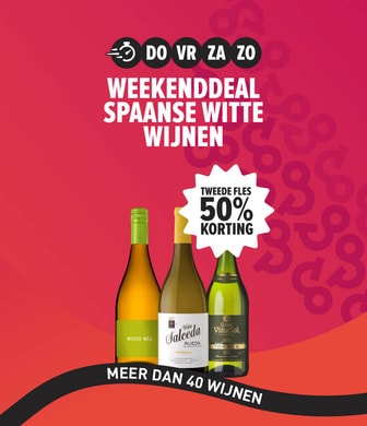 Weekenddeal 40+ spaanse witte wijnen tweede fles 50% korting.